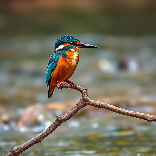 Photograph a vibrant kingfisher perched on a branch over a softly flowing river, using a Canon EOS R5, 100mm lens, f/2.8 aperture, ISO 200, at a shutter speed of 1/500 sec, with natural lighting and a shallow depth of field to create a blurred background.