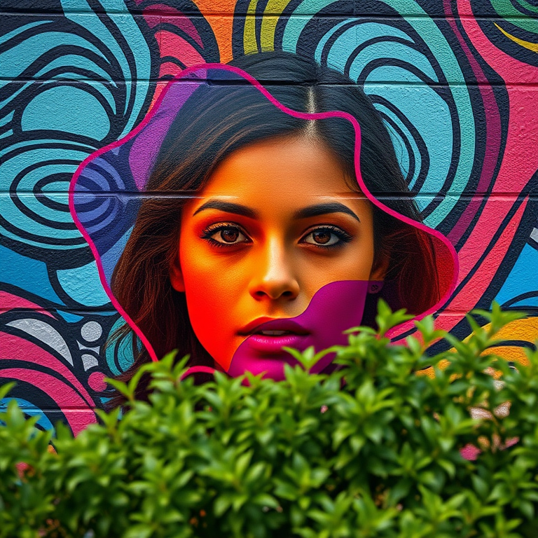 Regenerate the image of a colorful mural featuring a person's face partially obscured by vibrant translucent shapes and a background of swirling patterns, taken with a DSLR camera, 50mm lens, f/2.8 aperture, ISO 100, 1/200 sec shutter speed, natural lighting, and a slight angle to capture the greenery in the foreground.