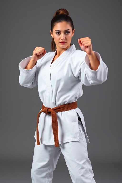 Generate an image of a woman in a karate stance, wearing a white gi and brown belt, captured with a Canon EOS R5 camera, 50mm lens, f/1.8 aperture, ISO 100, with soft studio lighting and a neutral gray background.