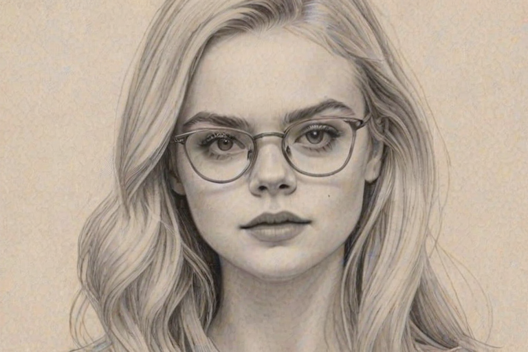 Pleasing Elle Fanning, pencil sketch, portrait of Resplendent woman 1955s in glasses, hair style beatnik, outline, clear lines, fine lines, 8k