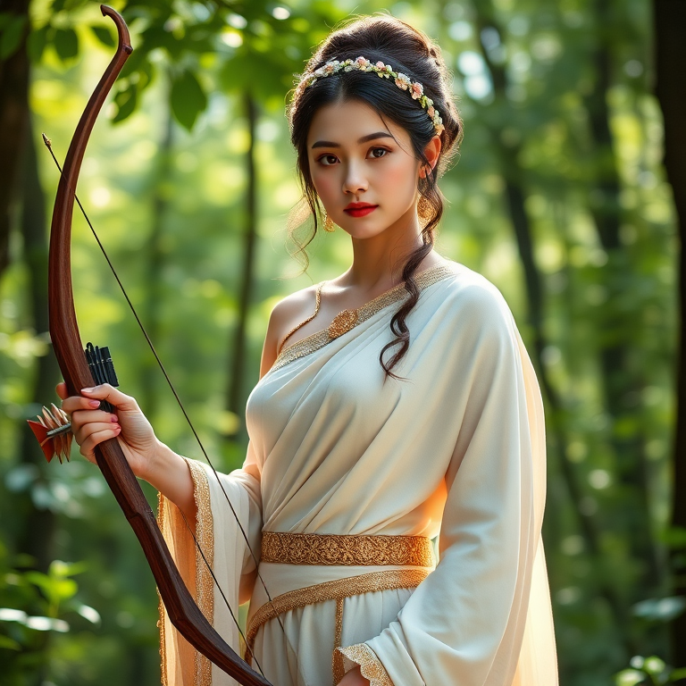 Create a portrait of a goddess-like Uyghur girl figure in a tranquil, forested environment. She has an elegant appearance with long, wavy hair styled in an updo and adorned with a delicate, floral headband. She wears a flowing, ancient Greek-inspired gown in a soft, pale color, featuring a one-shoulder design and draped fabric that accentuates her graceful form. The outfit includes a decorative belt with ornate gold detailing, and she holds a bow in her hand, with a quiver of arrows slung over her shoulder. The background depicts lush greenery, with sunlight filtering through the trees, casting a gentle, ethereal light on the scene. Her expression is calm and contemplative, embodying a sense of wisdom and serenity.