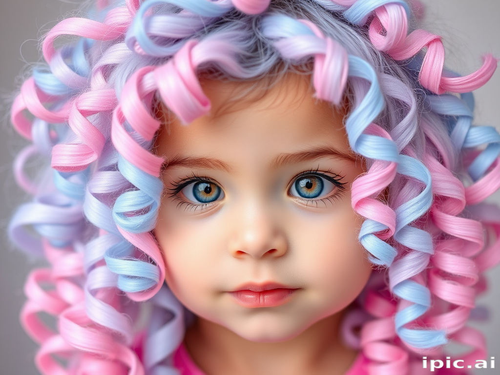 Whimsical picture of a child with Cotton Candy Swirl hair, pastel pink and blue blended together in soft, fluffy ringlets framing their face