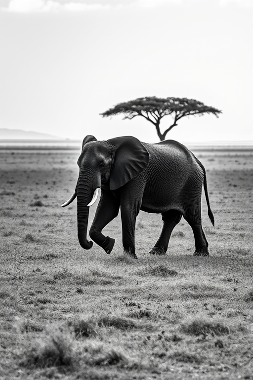 capture a majestic elephant walking across a vast savanna landscape in black and white, with a lone tree in the background, using a Canon EOS 5D Mark IV, 50mm lens, f/8 aperture, ISO 100, shutter speed 1/200s, soft natural lighting for enhanced details and contrast