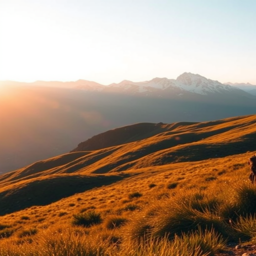 Regenerate a high-resolution image of a mountainous landscape during golden hour, with grassy hills in the foreground and snow-capped peaks in the background; settings: ISO 100, f/11, 1/125s, 24mm lens; view: wide-angle; style: landscape photography; type: DSLR camera.