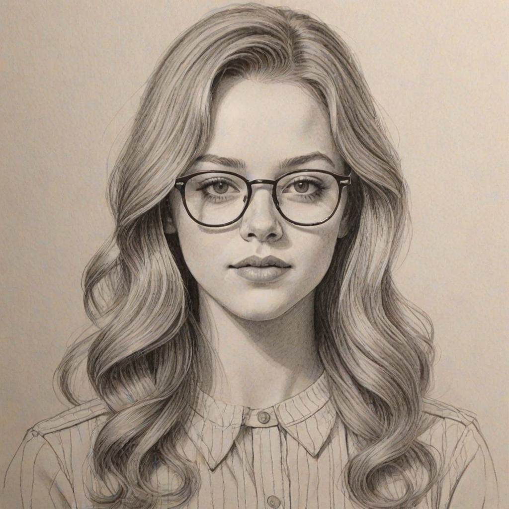 Exquisite Jade Pettyjohn, pencil sketch, portrait of Superb woman 1970s in glasses, hair style beatnik, outline, clear lines, fine lines, 8k