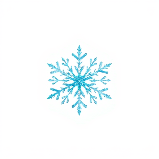 Create a high-resolution image of a blue snowflake on a stark white background, using a Canon EOS R5 camera set to f/8 aperture, ISO 100, and a 50mm lens, with a soft-focus style and shallow depth of field to enhance image quality.