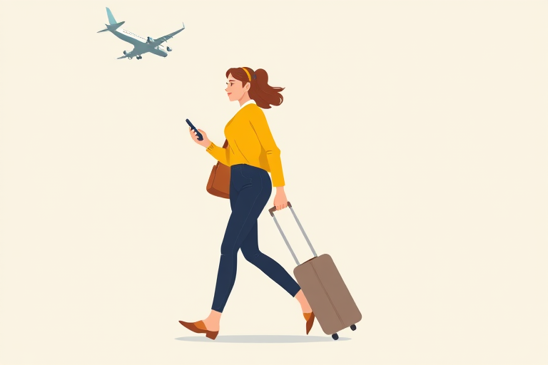 Create a vector-style illustration of a woman walking with a suitcase and a phone in hand, wearing a yellow sweater, with an airplane flying above, set against a light gray background, using a Canon EOS R5 with a 50mm lens, aperture f/2.8, ISO 100, and a slight vignette effect to enhance focus on the subject.