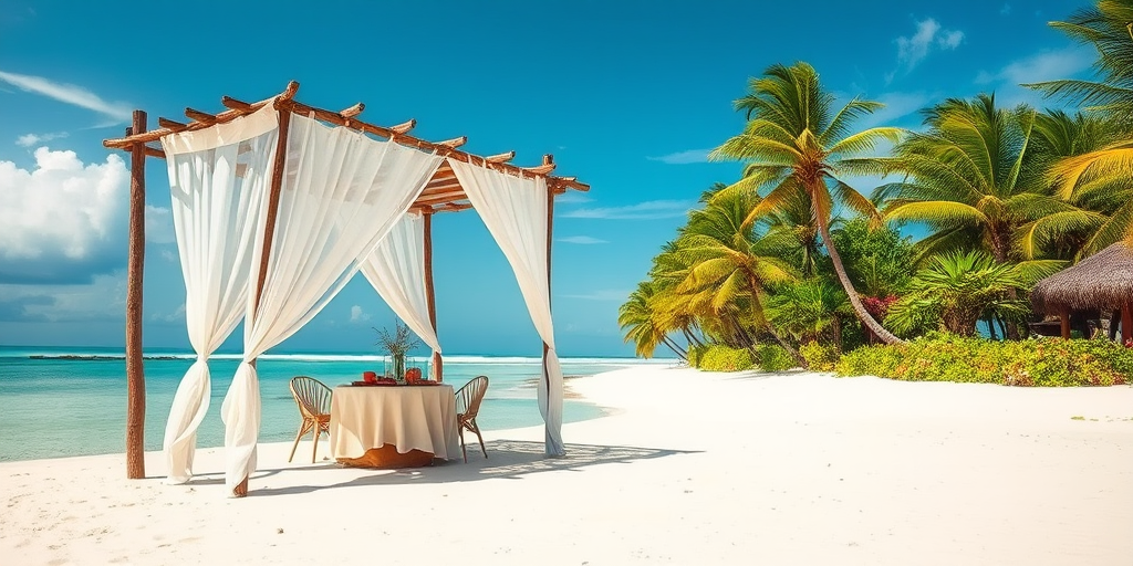 Create a picturesque tropical beach scene featuring a serene, white sandy shore. In the foreground, there's a rustic wooden canopy with white drapes gently flowing in the breeze. Underneath the canopy, a table is set with tropical decor, evoking a sense of relaxation and leisure. The beach extends into a calm, shallow water area with reflections of the sky and surroundings. Palm trees and lush greenery line the edge of the beach, providing a natural, tropical backdrop. The sky is clear with a few scattered clouds, and the overall atmosphere is tranquil and inviting, perfect for a peaceful retreat.