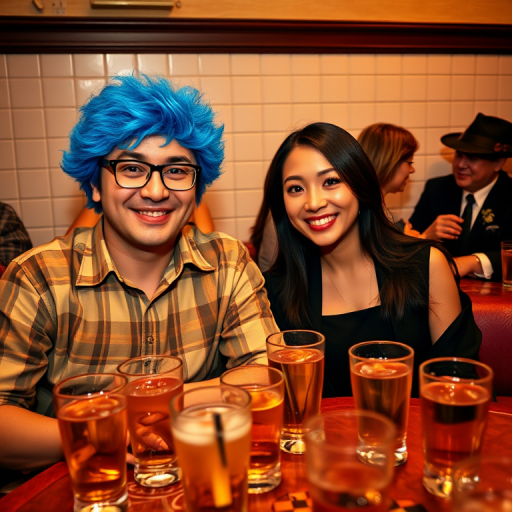 A casual medium shot photo of a group of friends at an indoor gathering, with warm artificial lighting creating a cheerful and relaxed atmosphere; the image features rich colors and is focused on the people, with additional background elements adding context. The main subjects are a Caucasian man and an Asian woman sitting closely together at a round table covered with glasses of drinks, both smiling at the camera. The man has a medium build, fair skin, and wears glasses and a bright blue wig, adding a playful touch. He is dressed in a beige plaid shirt, while the woman has long dark brown hair, light skin, and wears a black dress and a dark jacket. Her expression is cheerful, with a genuine smile. Behind them, other guests, including a man in a suit with a feathered hat, are engaged in conversation, creating a lively yet intimate setting. The lighting is soft, casting gentle shadows, and there is a slight reflection on the glasses, adding to the cozy indoor feel. The tiled wall and wooden trim provide a neutral backdrop, with the details of the table setting adding to the context of a social, light-hearted event. The image is rich in detail, with clear focus on the main subjects and a harmonious blend of warm tones enhancing the convivial mood