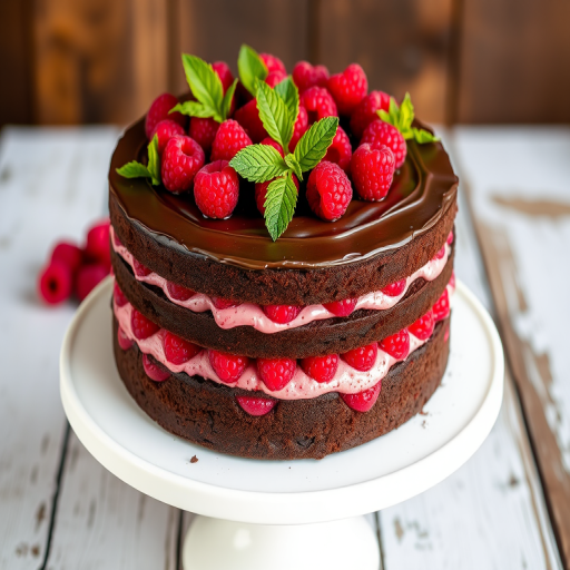 A richly decorated chocolate cake with layers of vibrant raspberry filling and frosting topped with fresh raspberries and mint leaves on a white cake stand with a rustic wooden background.