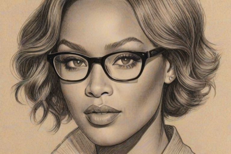 Alluring Tyra Banks, pencil sketch, portrait of Charming woman 1929s in glasses, hair style beatnik, outline, clear lines, fine lines, 8k