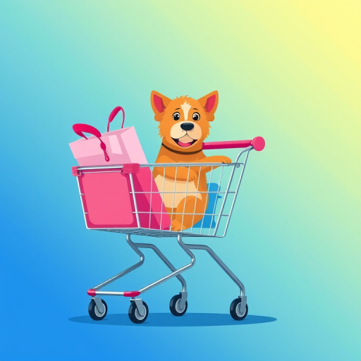 Generate an illustration of a person shopping online with a shopping cart featuring a dog, using a soft blue gradient background, vibrant colors, and a modern flat design style; camera settings: ISO 100, f/5.6, shutter speed 1/60s; camera type: digital DSLR; camera view: eye level; focus on enhancing detail and clarity.