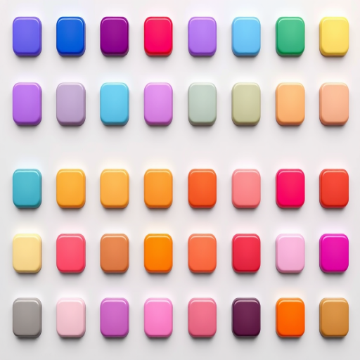 Create an image of a grid of 20 glossy gradient buttons in various colors, arranged in four rows and five columns, with a soft shadow effect and a glossy finish, using a Canon EOS 5D Mark IV camera, f/2.8 aperture, 1/60s shutter speed, ISO 100, in a studio setting with diffused lighting.