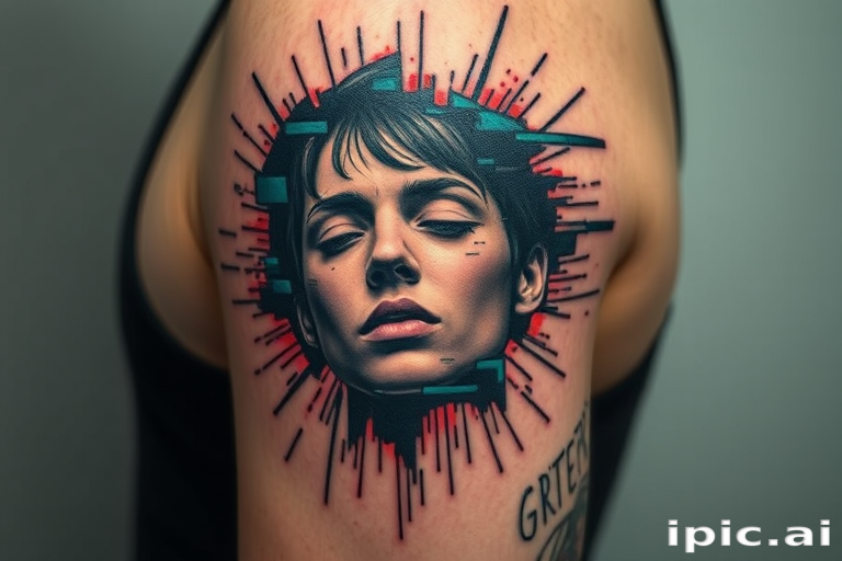 Glitch art tattoo called "Digital Disruption" depicting a distorted and fragmented image that appears to be breaking apart into pixels and static, creating a modern and unconventional aesthetic inspired by technology