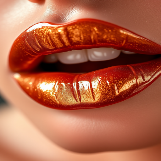 Metallic bronze lip gloss "Gilded Goddess" boasting a high-shine finish, flecks of gold shimmer, and a non-sticky texture for a glamorous night out