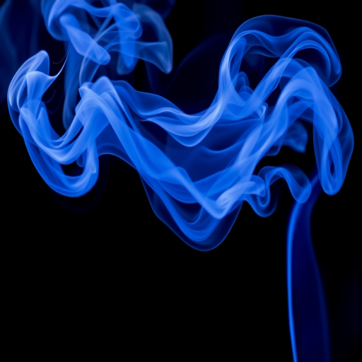Generate an artistic representation of blue smoke swirling gracefully, captured with a Canon EOS R5 using a 50mm f/1.2 lens, shot at ISO 100 with a shutter speed of 1/250 sec, in natural light to enhance clarity and detail.