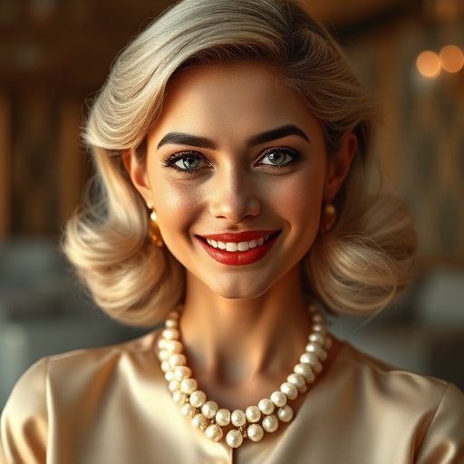 A beautiful Pakistani woman reminiscent of 1950s Hollywood glamour, with perfectly styled blonde hair and a seductive smile, dressed in a satin blouse and adorned with pearls, soft and warm tones, photorealistic, 8K
