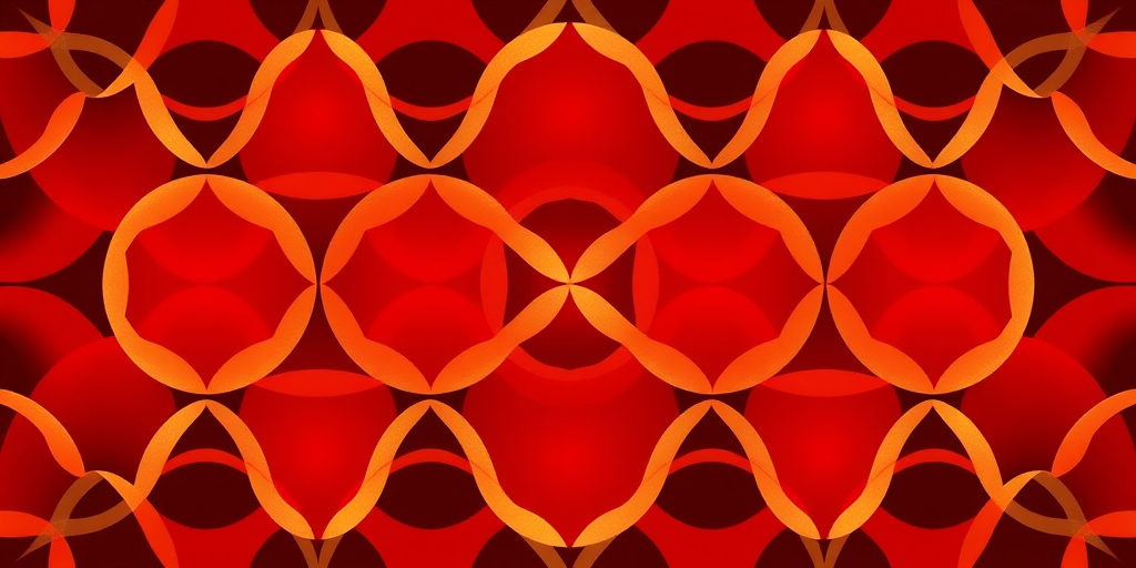 Create a seamless geometric pattern featuring interlocking circles in shades of red and gold with a smooth gradient transitioning from deep black to bright red, captured using a DSLR camera at f/8, ISO 100, 50mm lens, top-down view, high-resolution style.