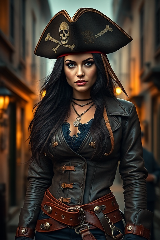 Create a portrait of a fierce female pirate. She wears a leather tricorn hat adorned with a skull and crossbones emblem, and her long, dark hair flows around her face. Her outfit consists of a richly detailed leather jacket, a corset, and multiple layers of belts and accessories, giving her a formidable and stylish appearance. She stands confidently in a dimly lit, historic port town, with a backdrop of weathered buildings and cobblestone streets, capturing the adventurous spirit of a pirate.