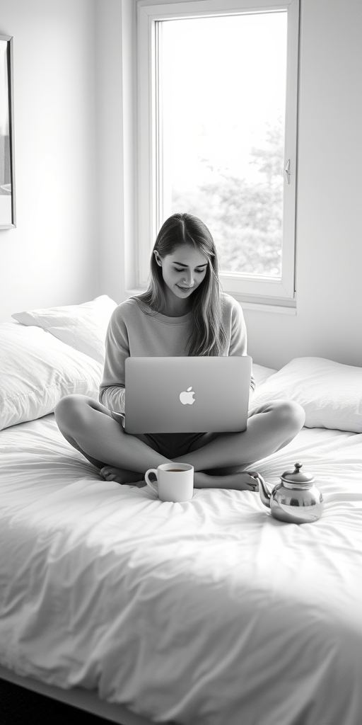 Generate a high-quality black and white image of a woman sitting cross-legged on a bed, working on a laptop with a cup of tea and a teapot beside her, natural light coming from a window, shot with a DSLR camera at f/2.8 aperture, ISO 100, and a 50mm lens, using a soft focus style.