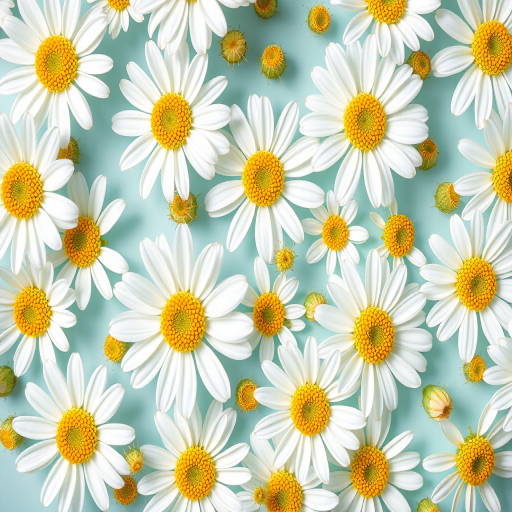 floral pattern with white flowers and yellow centers on a light blue background, shot with a macro lens, f/2.8 aperture, 50mm lens, ISO 100, natural lighting, high resolution