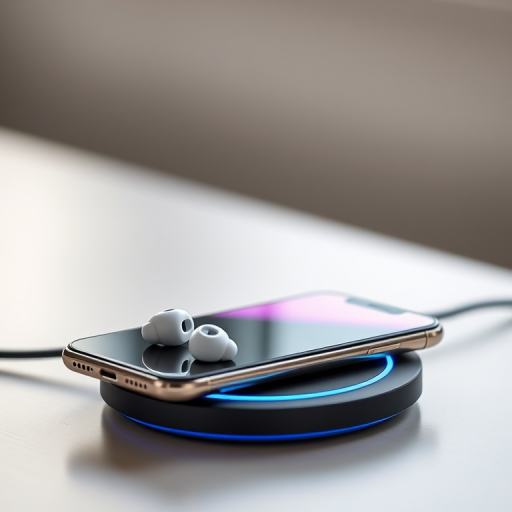 a sleek wireless charger with a smartphone and earbuds charging on it, soft focus background, daylight setting, ISO 100, aperture f/2.8, shutter speed 1/60, macro lens, DSLR camera