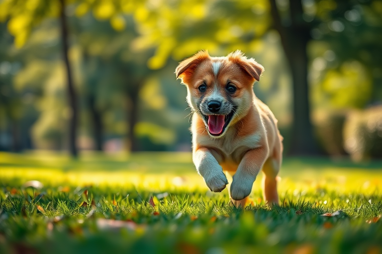 Generate a high-resolution image of a playful puppy running through a sunlit park, with a shallow depth of field, shot with a Canon EOS R5, 50mm lens at f/1.8, ISO 200, shutter speed 1/1000 sec, in vibrant colors and soft focus background to enhance the subject's sharpness.