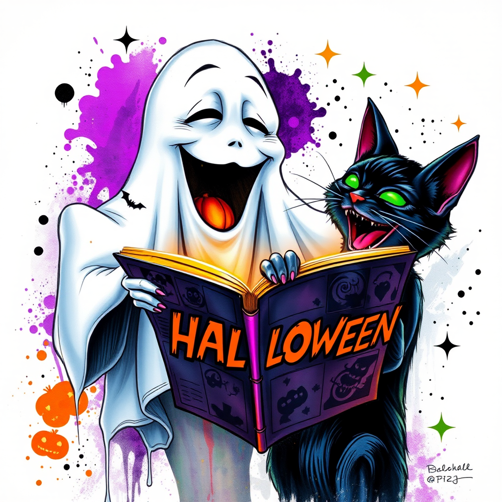 Image of a ghost and a black cat laughing exaggeratedly , and reading a comic halloween comic book, alcohol ink airbrush style, funny halloween theme, white background with neon purple, neon orange, neon green splash, black sparkles stars , dazzling BG
