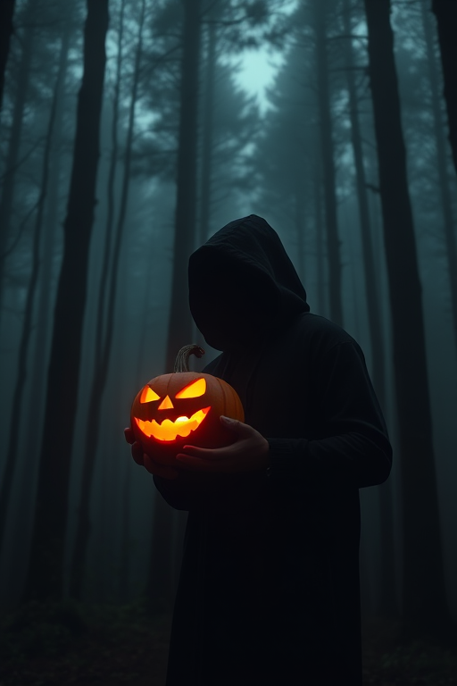 a hooded figure in a dark forest holding a glowing carved pumpkin, mist surrounding tall trees, warm orange light from the pumpkin, capturing the eerie atmosphere, camera settings: ISO 100, f/2.8, shutter speed 1/60s, camera view: medium shot, camera style: cinematic, camera type: DSLR