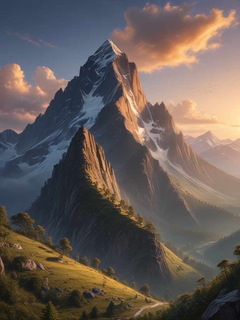 Majestic Mountain Peaks Under a Golden Sky at Sunset Time