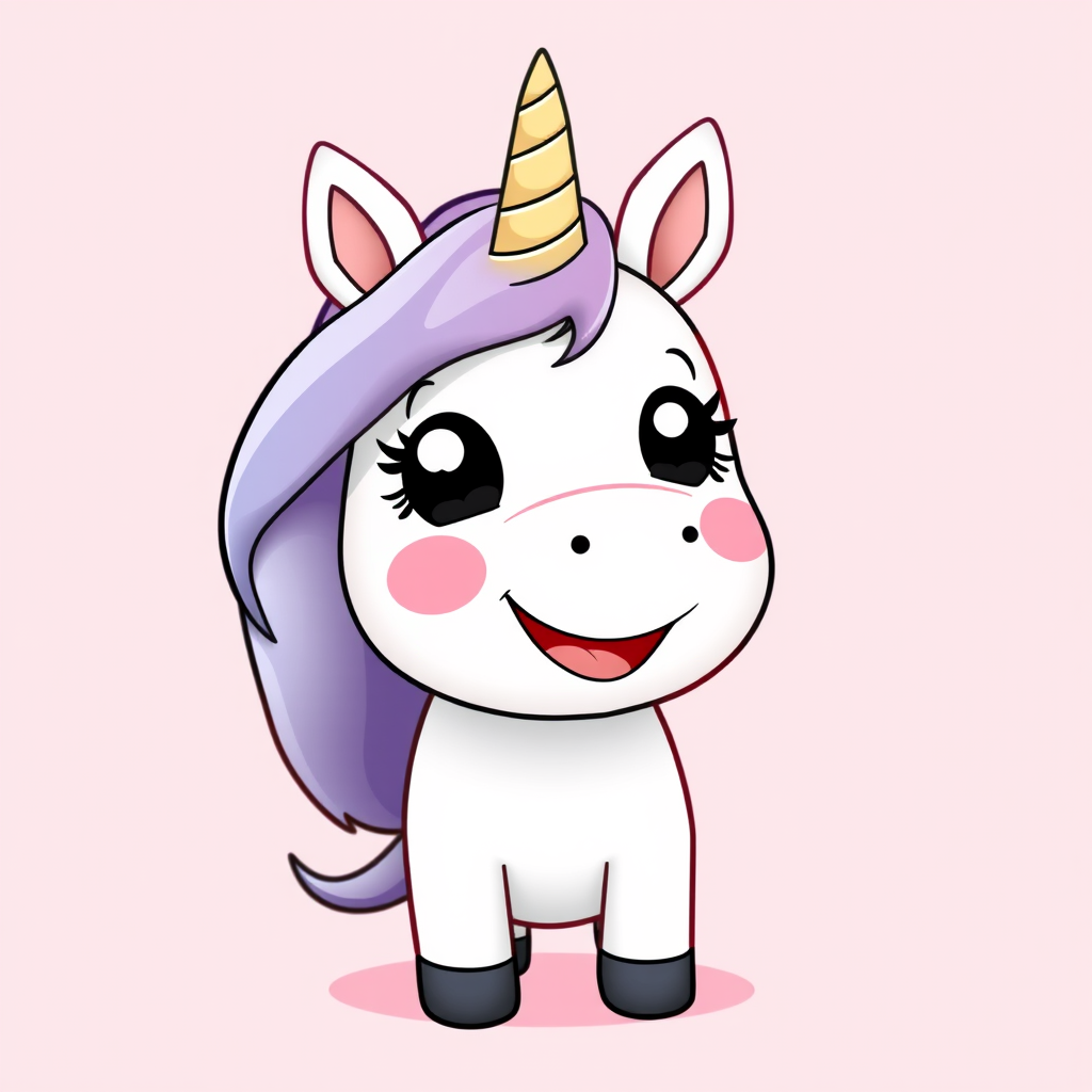 Generate a cute cartoon unicorn character with a joyful expression on a soft pink background, using a DSLR camera with a 50mm lens at f/2.8, ISO 100, and a slight vignette effect for depth.