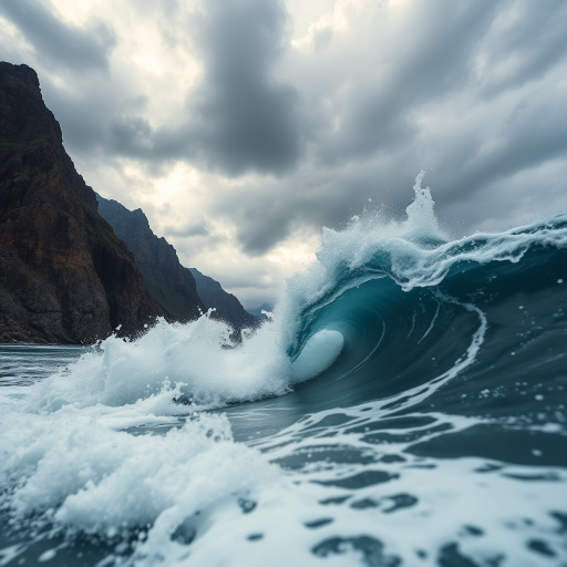 Generate a hyper-realistic image of tumultuous ocean waves crashing against rugged mountains under a dramatic sky, captured with a Canon EOS 5D Mark IV at f/8, ISO 100, 1/200s, wide-angle lens, shooting from a low angle perspective to emphasize the wave's motion and the grandeur of the scenery.