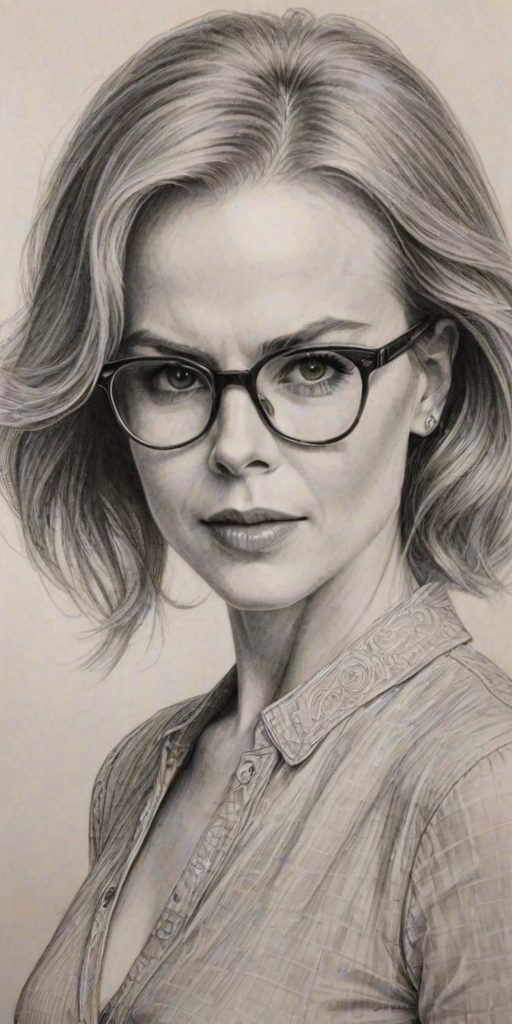 Exquisite Nicole Kidman, pencil sketch, portrait of Fascinating woman 1963s in glasses, hair style beatnik, outline, clear lines, fine lines, 8k