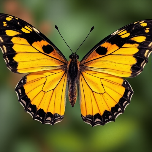 Regenerate a high-resolution image of a butterfly with vivid yellow and black wings, detailed textures, centered composition, using a DSLR camera, aperture f/2.8, ISO 100, shutter speed 1/200s, natural lighting for enhanced clarity.