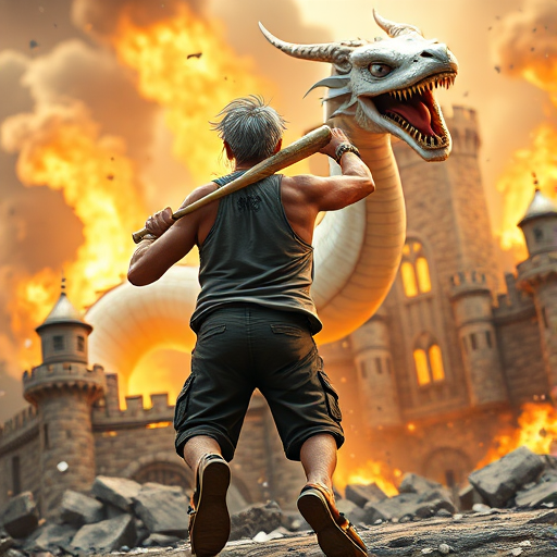 Cartoon 3D High-Resolution,dynamic battle scene using Unreal Engine 5 and Octane Render. The scene features back of an elderly, thai man with a beard,messy hair and round golden-rimmed glasses. He is wearing a tattered tank top with soot marks, shorts, and sandals. sweating. he wields a baseball bat. He jump to fight with a white fire-breathing Europe dragon amidst a partially destroyed stone castle. Include intense flames, smoke, and debris to enhance the dramatic effect.