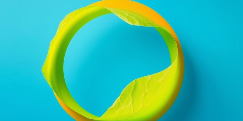 Create a vibrant circular graphic with a blue background and a green peel effect, using a Canon EOS R5 with a 50mm lens, aperture f/1.8, ISO 100, and a soft focus effect to enhance depth and clarity.