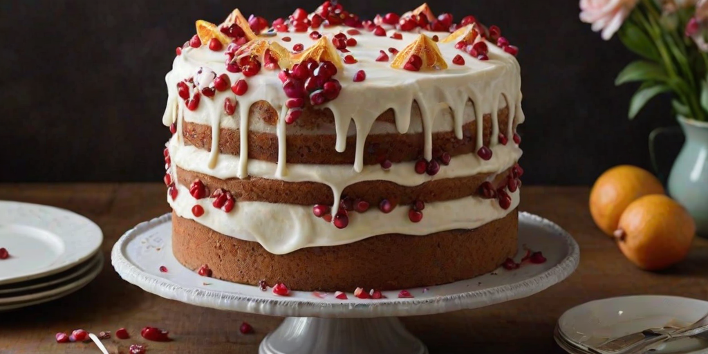 Create a beautifully decorated cake with a smooth white frosting. The cake should have a striking design featuring pomegranate seeds and edible flowers on top. Include a textured element on one side of the cake, where the frosting is partially removed to reveal the layers inside. Place the cake on a vintage-style cake stand, with a dark, rustic background to enhance its elegance.
