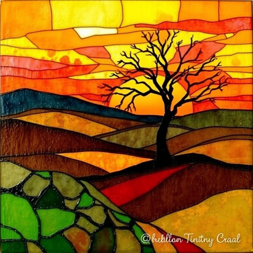 A vibrant abstract painting on Tiffany Glass, blending acrylic and alcohol ink techniques, captures a dramatic sunset over rolling hills. The artwork features a textured, rocky foreground in green and brown, layered abstract hills, and a striking sunset in rich oranges, yellows, and reds. A solitary black tree with intricate branches contrasts against the fiery sky, creating a dynamic and expressive portrayal of a breathtaking natural scene.