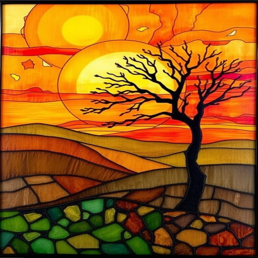 A vibrant abstract painting on Tiffany Glass, blending acrylic and alcohol ink techniques, captures a dramatic sunset over rolling hills. The artwork features a textured, rocky foreground in green and brown, layered abstract hills, and a striking sunset in rich oranges, yellows, and reds. A solitary black tree with intricate branches contrasts against the fiery sky, creating a dynamic and expressive portrayal of a breathtaking natural scene.