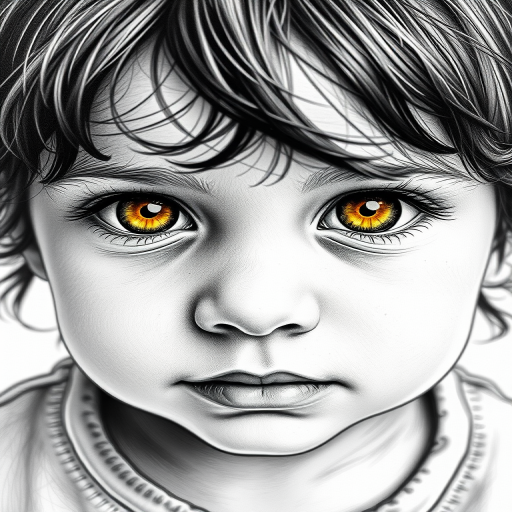 A hyperdetailed photorealistic black and white sketch of a beautiful toddler with deep Yellow eyes, with a macro focus