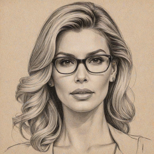 Fetching Brandi Glanville, pencil sketch, portrait of Gorgeous woman 1955s in glasses, hair style beatnik, outline, clear lines, fine lines, 8k