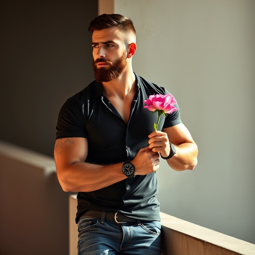 An image of a man with beard, holding a flower, leaning on a wall  with sunlight cascading his body, with abs, wearing a black shirt that fits his body some veins and sweat are visible in the arms, a jeans pants, a short hair, 4k UHD resolution" (the watch was not in the prompt, but the AI gave him that