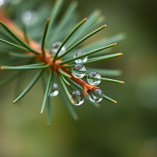 macro shot of a pine needle branch with water droplets, soft bokeh background, natural lighting, aperture f/2.8, shutter speed 1/200s, ISO 100, DSLR camera, 85mm lens, 4K resolution
