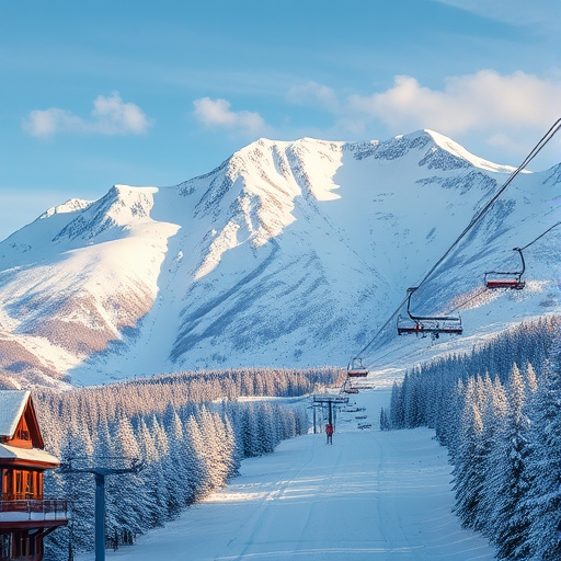 Capture a winter landscape featuring ski lifts against a majestic snow-covered mountain backdrop during midday, using a Canon EOS R5 with a 24-70mm f/2.8 lens, aperture set to f/8, ISO 100, and a shutter speed of 1/500s for a sharp, vibrant image.