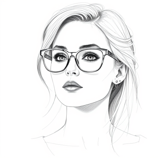 Beautiful Margot Robbie, pencil sketch, portrait of beautiful woman 60s in glasses, hair style beatnik, outline, clear lines, fine lines, 8k