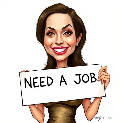 caricature of a smiling Angelina Jolie in a Brass dress or suit, holding up a sign that says "NEED A JOB", no watermark,