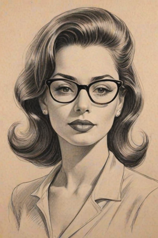Delightful Erica Cerra, pencil sketch, portrait of Ravishing woman 1949s in glasses, hair style beatnik, outline, clear lines, fine lines, 8k