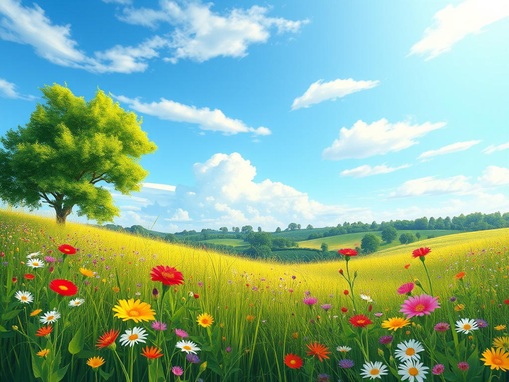 regenerate an illustration of a vibrant landscape with a lush green tree on the left, wildflowers in various colors in the foreground, a clear blue sky with soft clouds, and distant trees in the background, use a digital painting style, shot from a low angle to emphasize the foreground details, with a focus on vivid colors and sharpness, 35mm focal length, f/8 aperture, natural lighting.