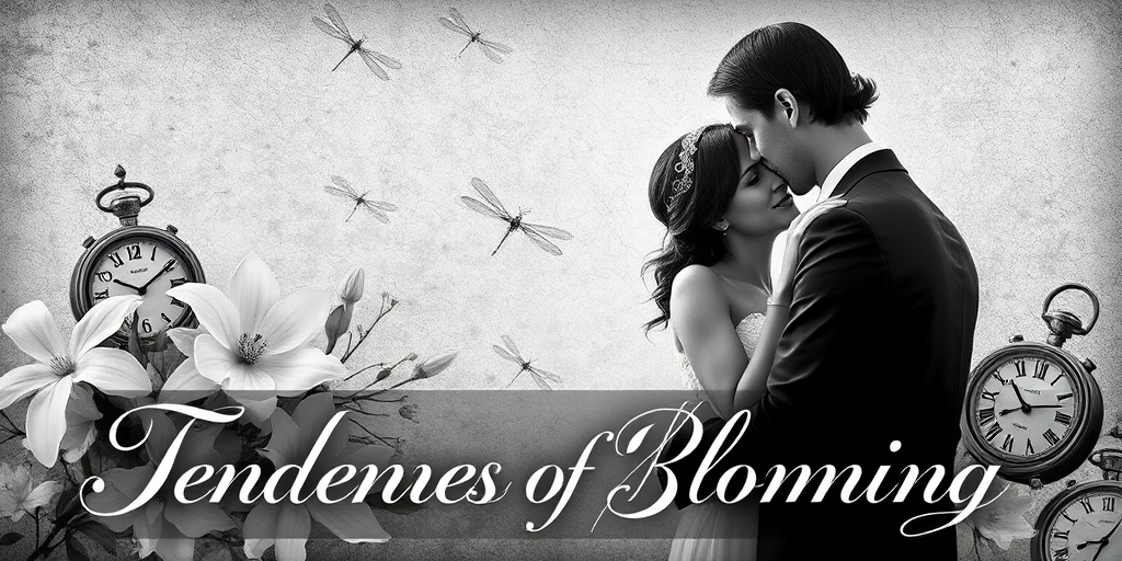 Create an artistic collage featuring a soft black and white photo of a couple embracing, surrounded by white flowers, dragonflies, and vintage clocks, with a textured background and the words "Tenderness of Blooming" in elegant script; use a DSLR camera with a 50mm lens, aperture at f/1.8, ISO 100, and a shallow depth of field to enhance focus on the subject while blurring the background.
