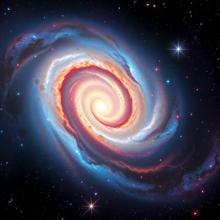 Create a vibrant, high-resolution image of a colorful spiral galaxy with swirling nebulae and bright stars, shot with a DSLR camera at f/2.8, ISO 400, 30 seconds exposure, using a wide-angle lens and long exposure photography style for enhanced detail and depth.